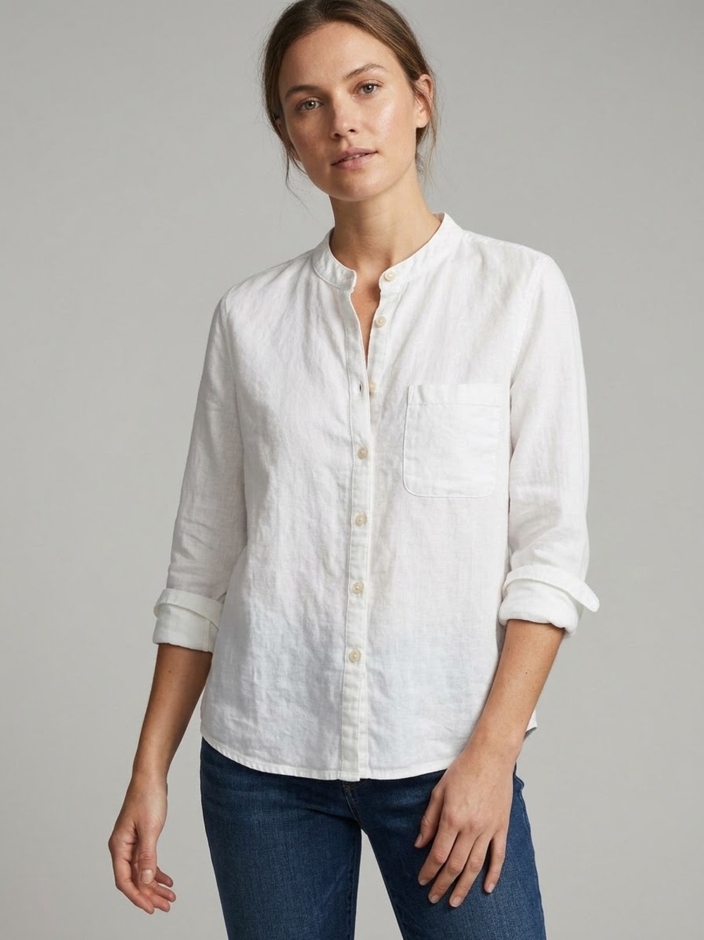 Anthropologie Pilcro White Linen Blend Band Collar Button Up Shirt - XS